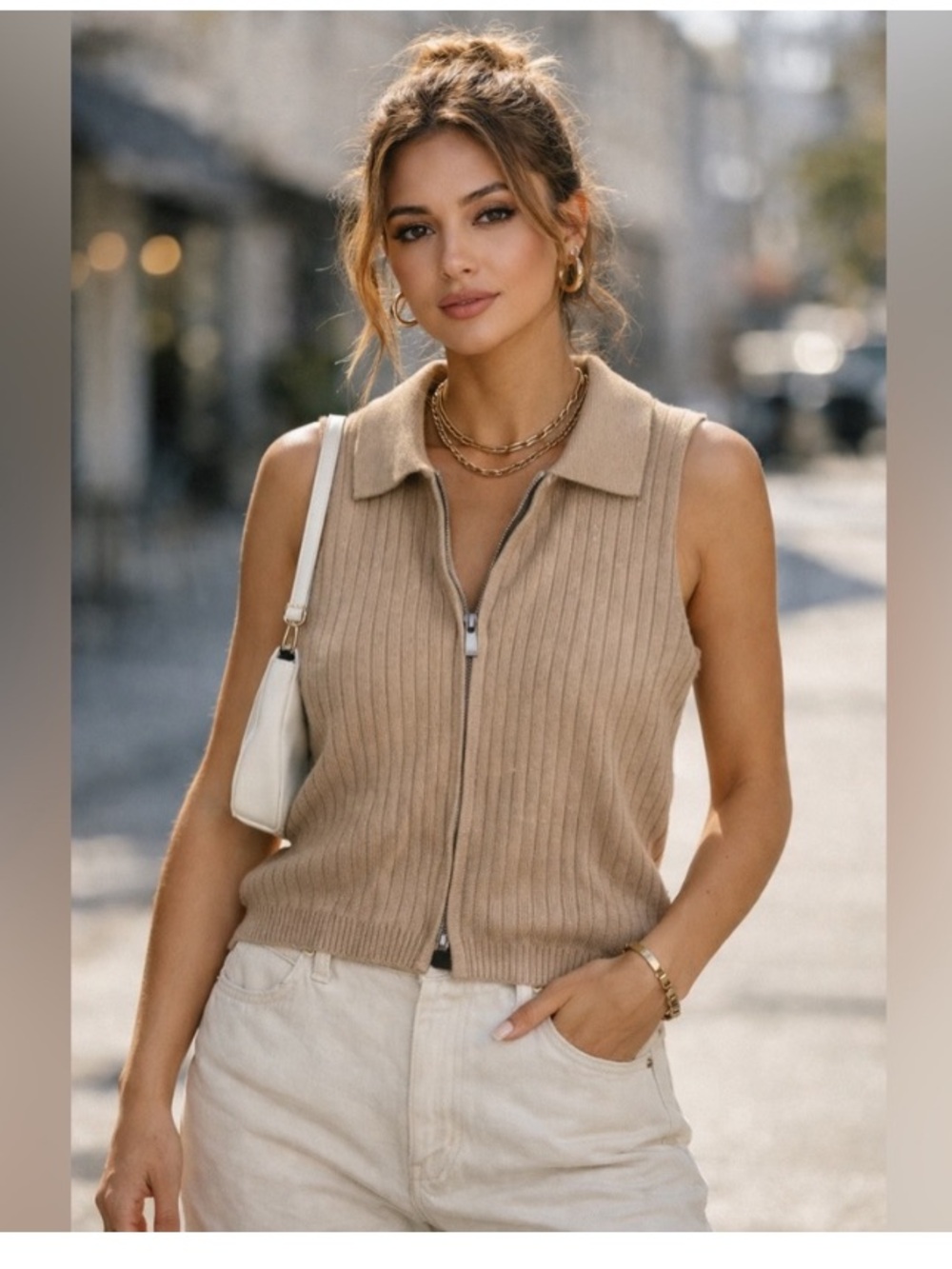Song of Style creamy tan cropped sleeveless ribbed polo size medium